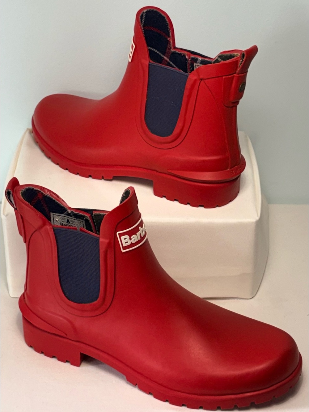 Barbour Red Chelsea Rain Ankle Boots with Plaid Lining Trim— Size 8